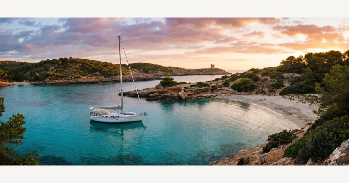 A sailing yacht anchored in a quiet coastal bay at sunset