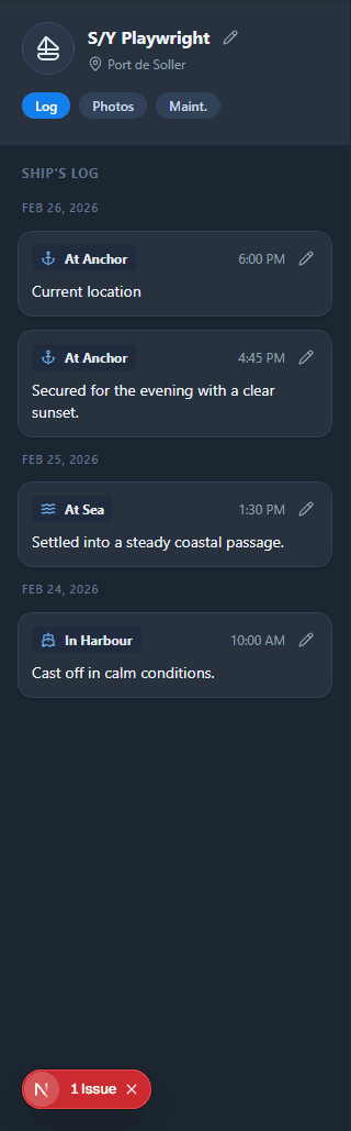 Adrift dashboard controls for quick vessel status updates