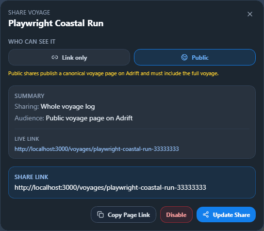 Adrift sharing interface for publishing voyages to family
