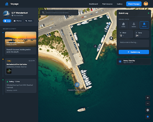 Adrift voyage dashboard showing route plotting on a live map